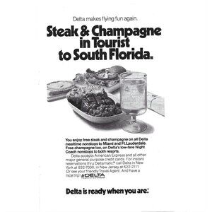 Delta Airlines Ad Print Steak Champagne In Tourist South Florida 1970